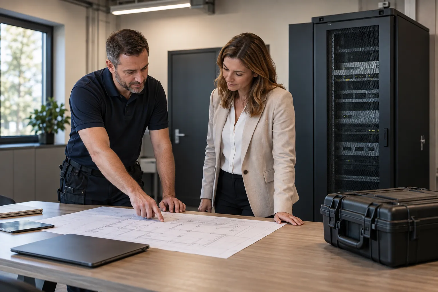 Engineer discussing commercial infrastructure with a facilities representative