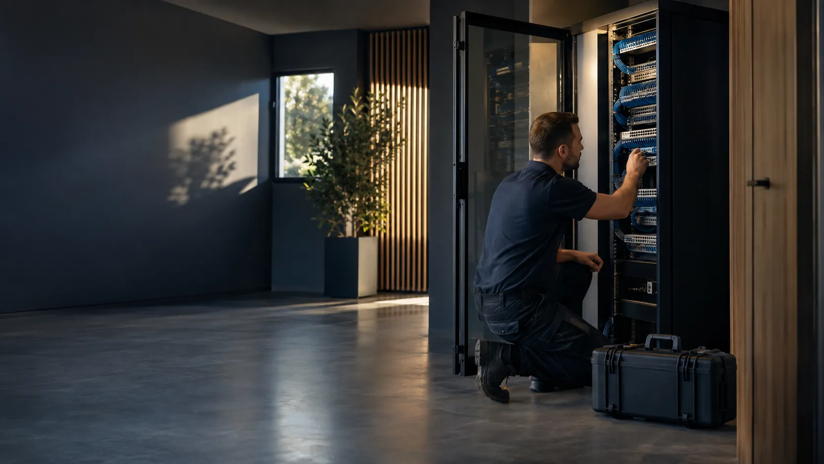 Onsite support engineer inspecting tidy low-voltage network connections