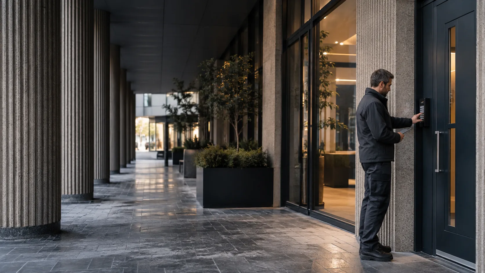 Engineer inspecting an intruder-alarm keypad beside a staff entrance in a urban commercial arcade with ribbed concrete