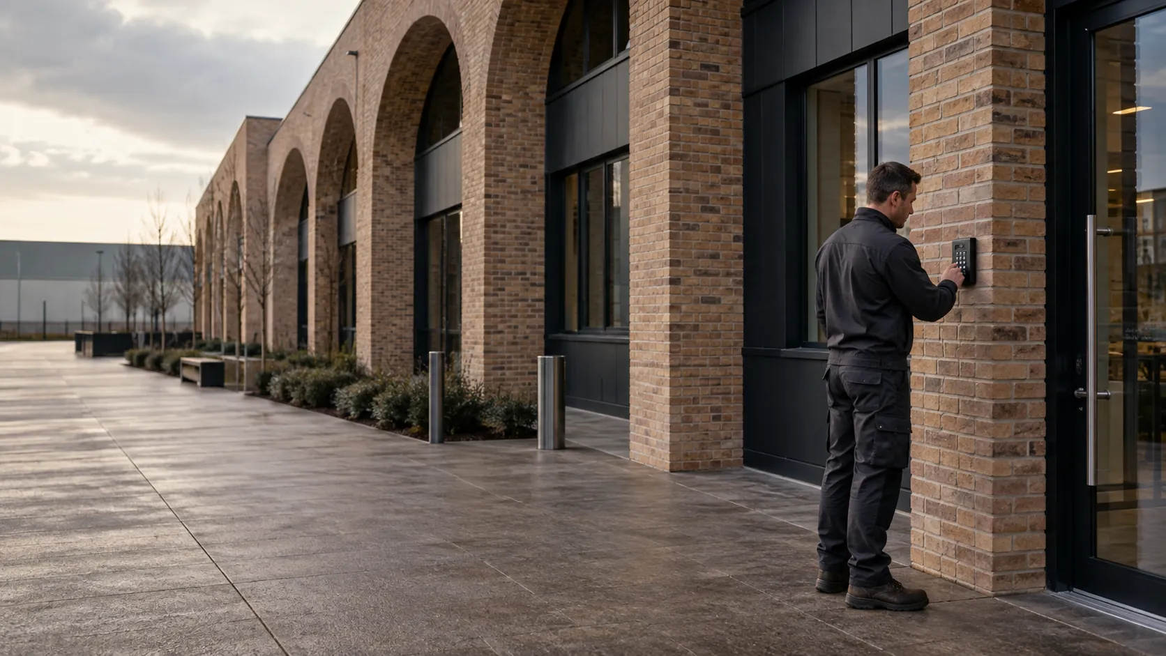 Engineer inspecting an intruder-alarm keypad beside a staff entrance in a modern logistics administration building with deep brick arches