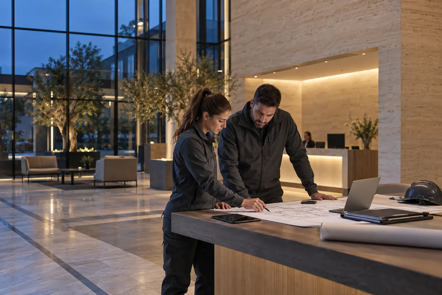 Two engineers reviewing an unlettered technical layout at a workbench in a commercial environment