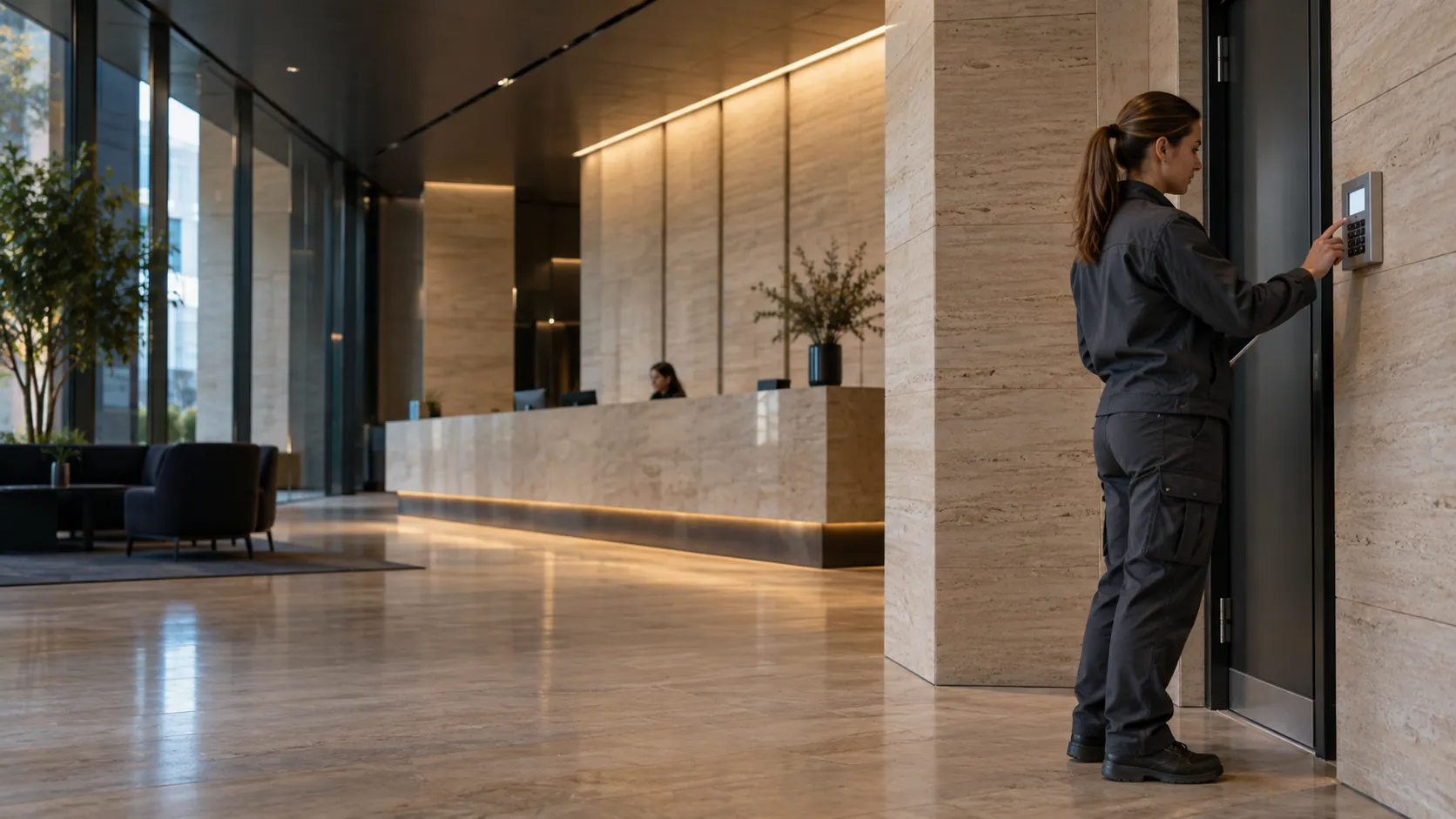 Engineer inspecting an intruder-alarm keypad beside a staff entrance in a unbranded commercial reception with travertine walls