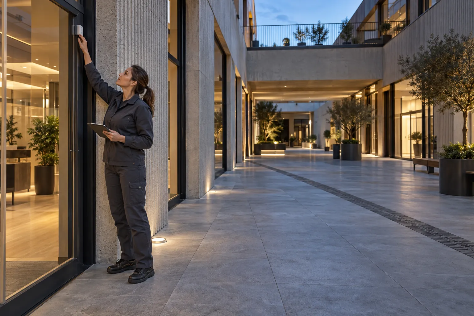 An engineer inspecting a discreet alarm door-contact from ground level in a commercial environment