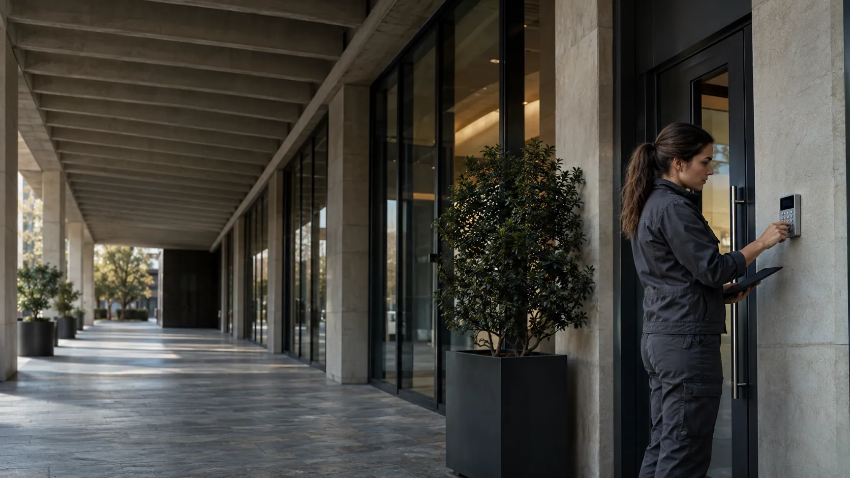 Engineer inspecting an intruder-alarm keypad beside a staff entrance in a urban commercial arcade with ribbed concrete
