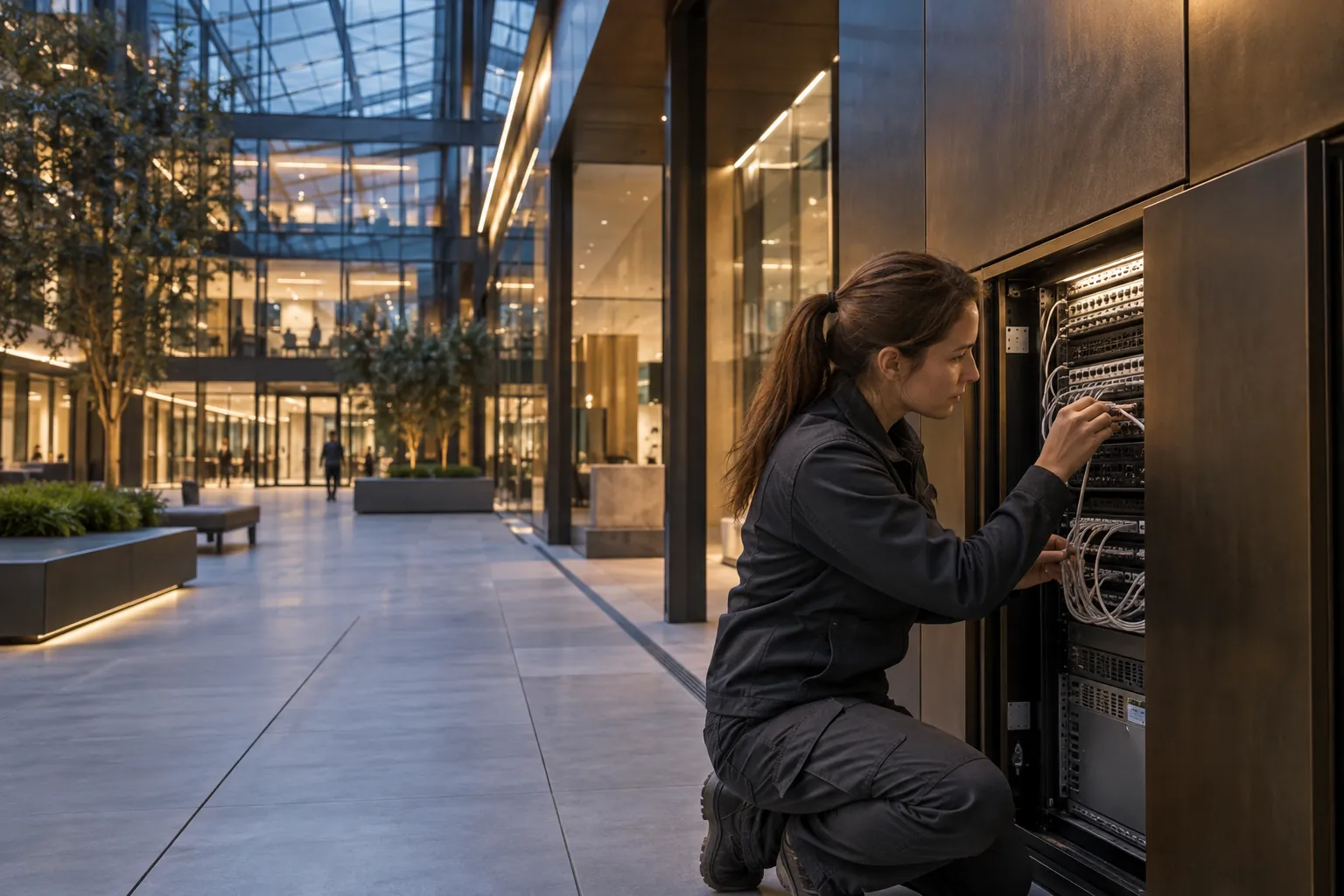 A technician carefully checking a low-voltage network patch connection, natural fingers in a commercial environment