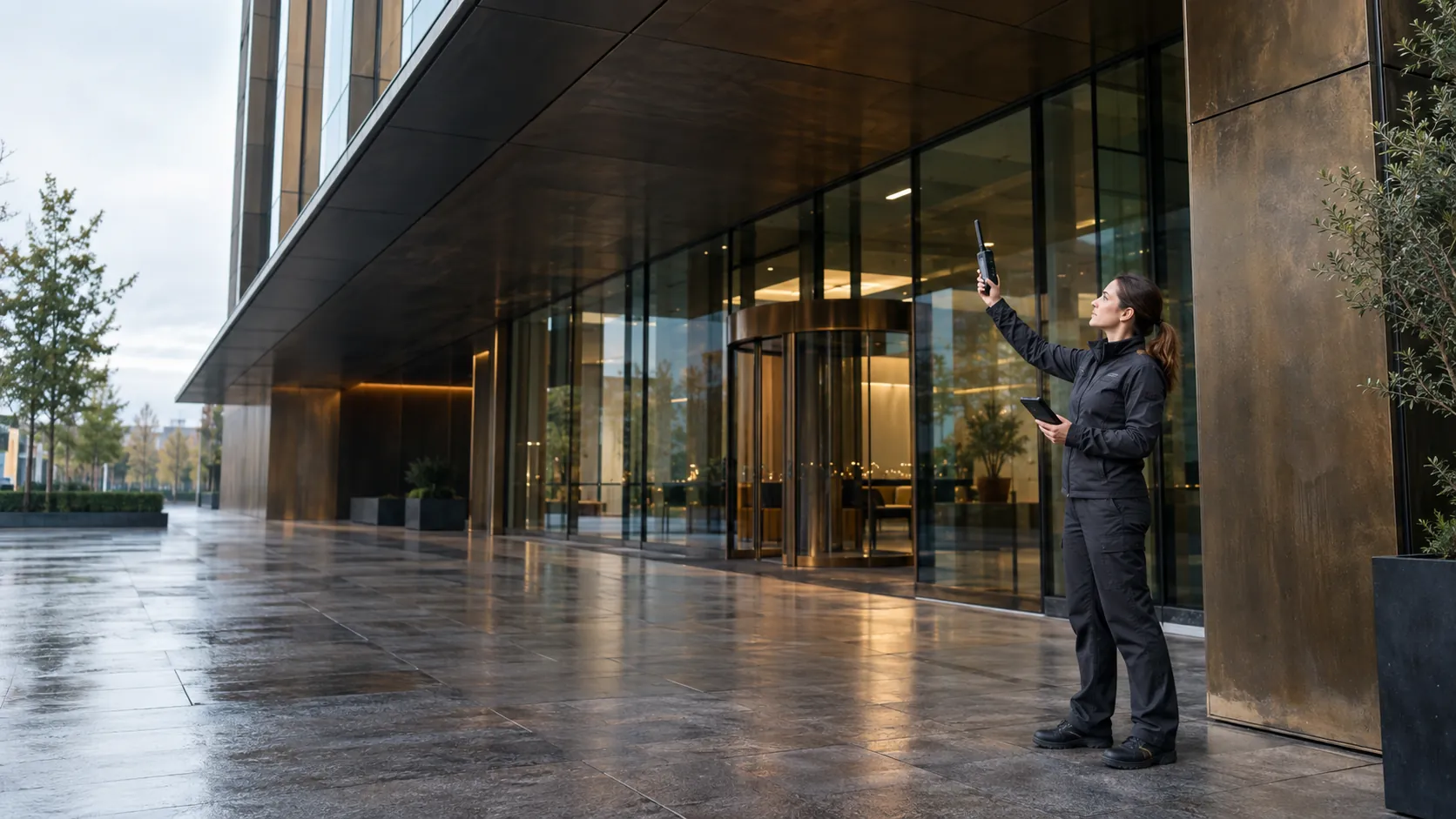 Engineer conducting a wireless survey with a handheld meter in a glass and weathered bronze commercial atrium