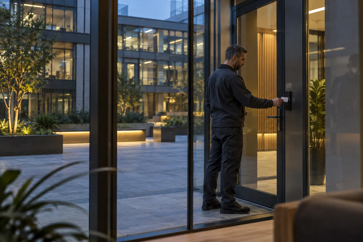 A facilities representative testing a controlled door with a plain access card in a commercial environment