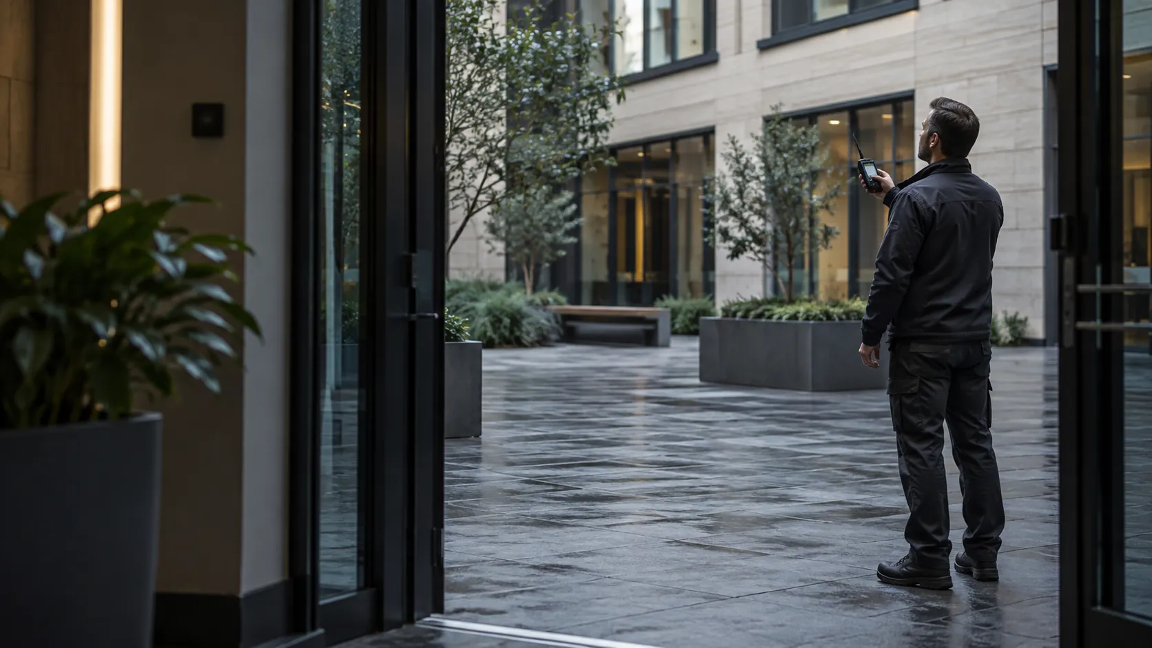 Engineer conducting a wireless survey with a handheld meter in a angular office courtyard with basalt paving