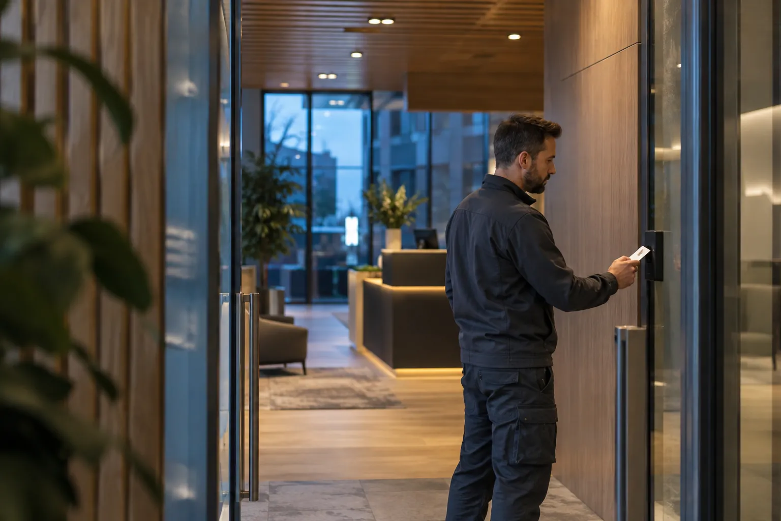 A facilities representative testing a controlled door with a plain access card in a commercial environment