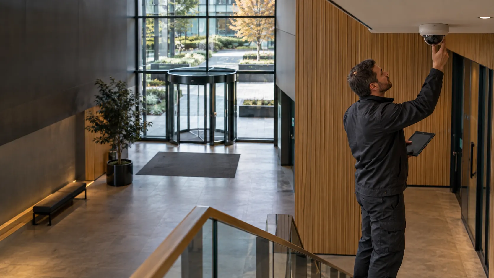 Security engineer checking a correctly mounted dome camera with a tablet in a contemporary timber-lined office entrance