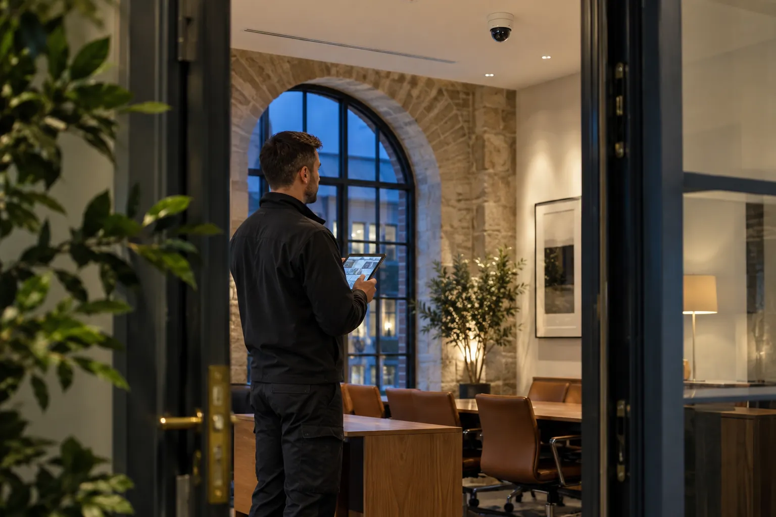 An engineer examining the final device layout on a wireless tablet in a commercial environment