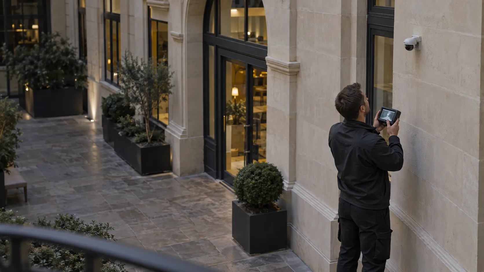 Engineer inspecting a realistically mounted compact security camera from floor level with a handheld test monitor in a converted European commercial building with stone reveals