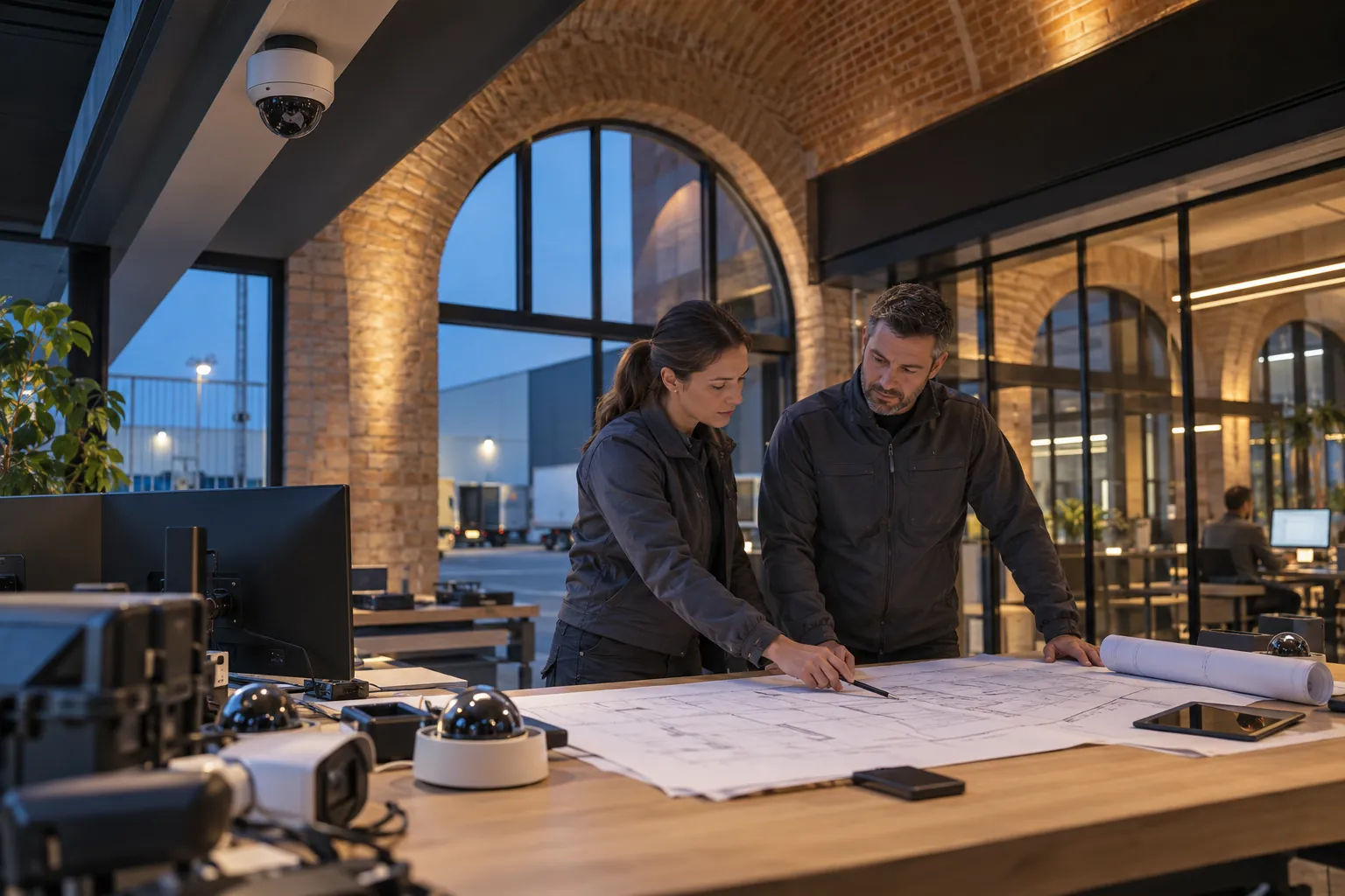 Two engineers reviewing an unlettered technical layout at a workbench in a commercial environment