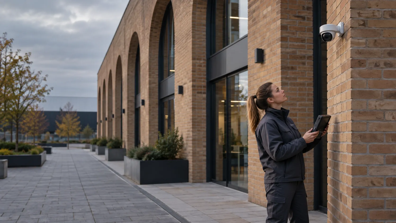 Engineer inspecting a realistically mounted compact security camera from floor level with a handheld test monitor in a modern logistics administration building with deep brick arches