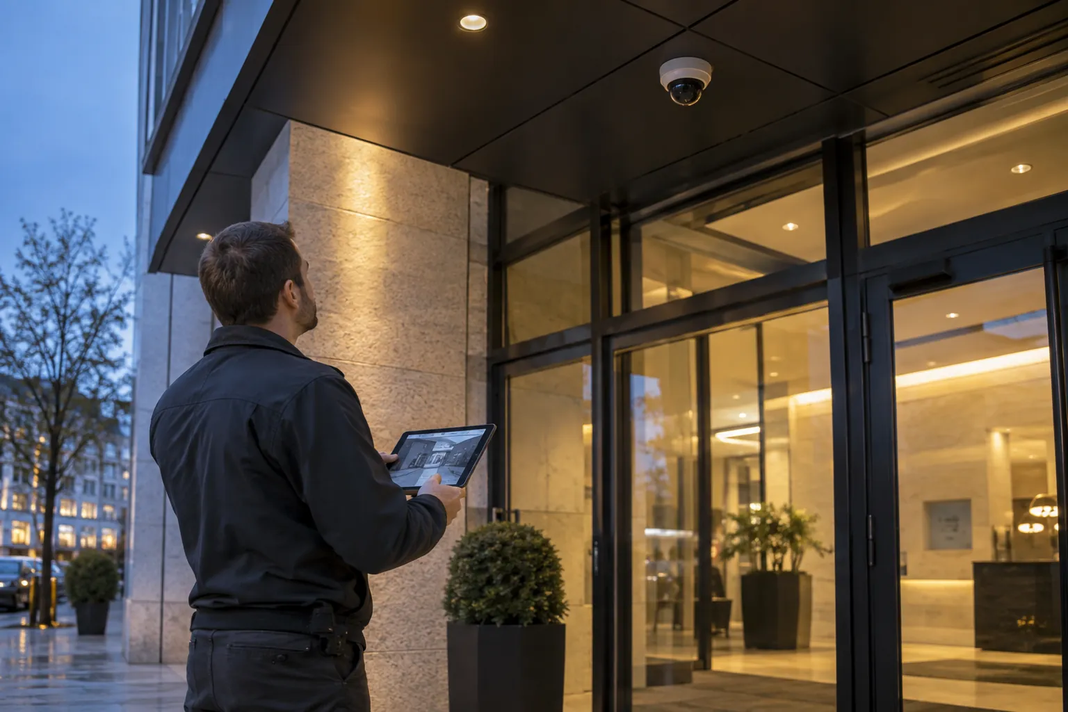 An engineer examining the final device layout on a wireless tablet in a commercial environment