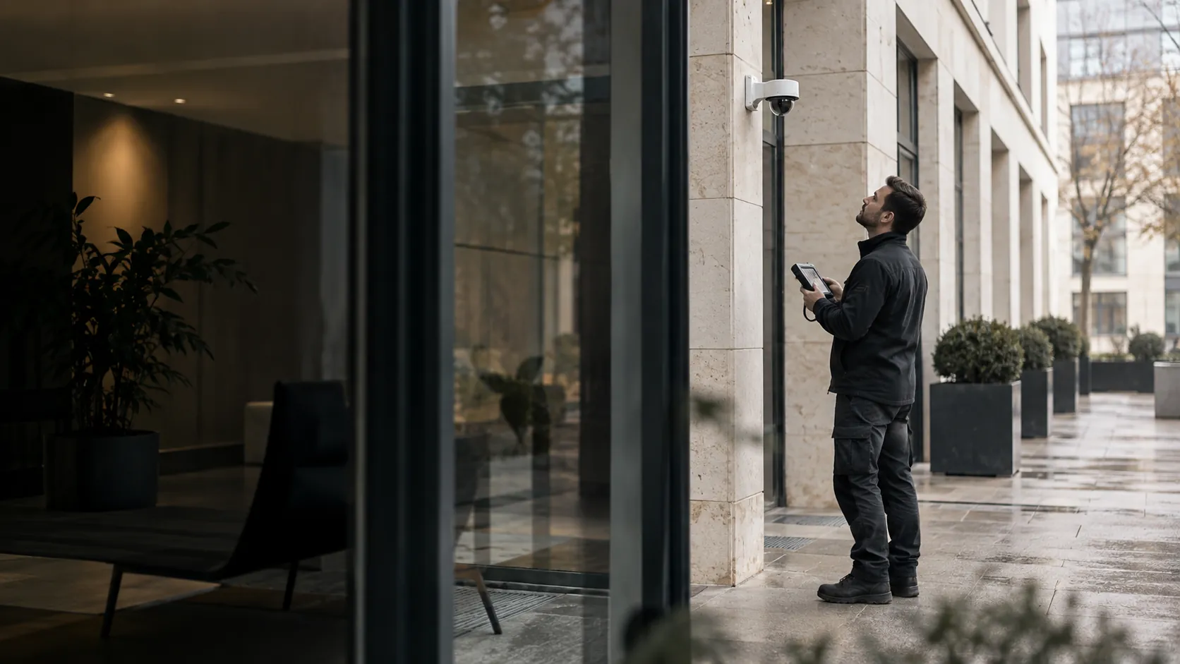 Engineer inspecting a realistically mounted compact security camera from floor level with a handheld test monitor in a converted European commercial building with stone reveals