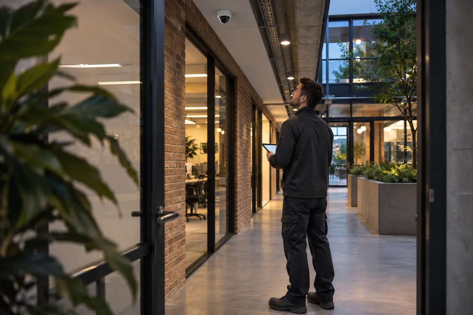 A technician surveying a commercial corridor with a wireless tablet in a commercial environment