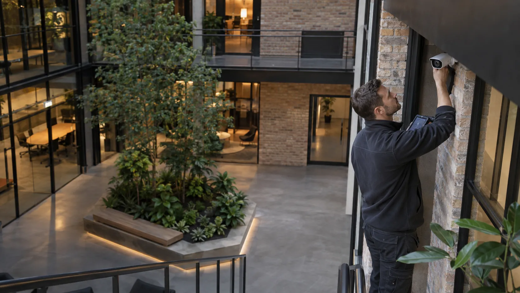 Engineer inspecting a realistically mounted compact security camera from floor level with a handheld test monitor in a light industrial office with warm brick and planted court