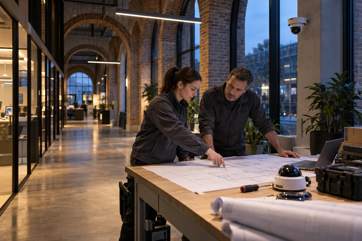 Two engineers reviewing an unlettered technical layout at a workbench in a commercial environment