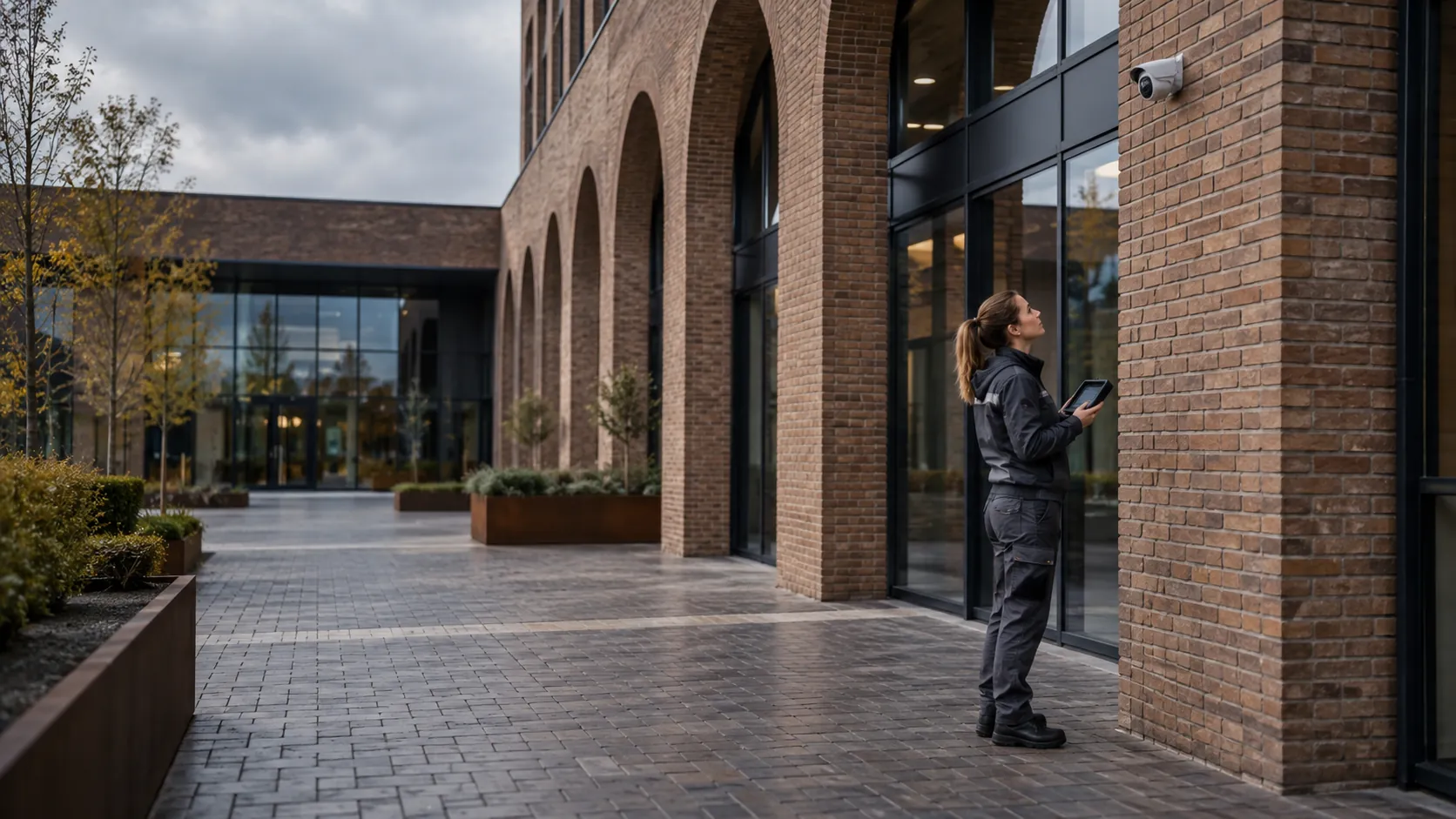 Engineer inspecting a realistically mounted compact security camera from floor level with a handheld test monitor in a modern logistics administration building with deep brick arches