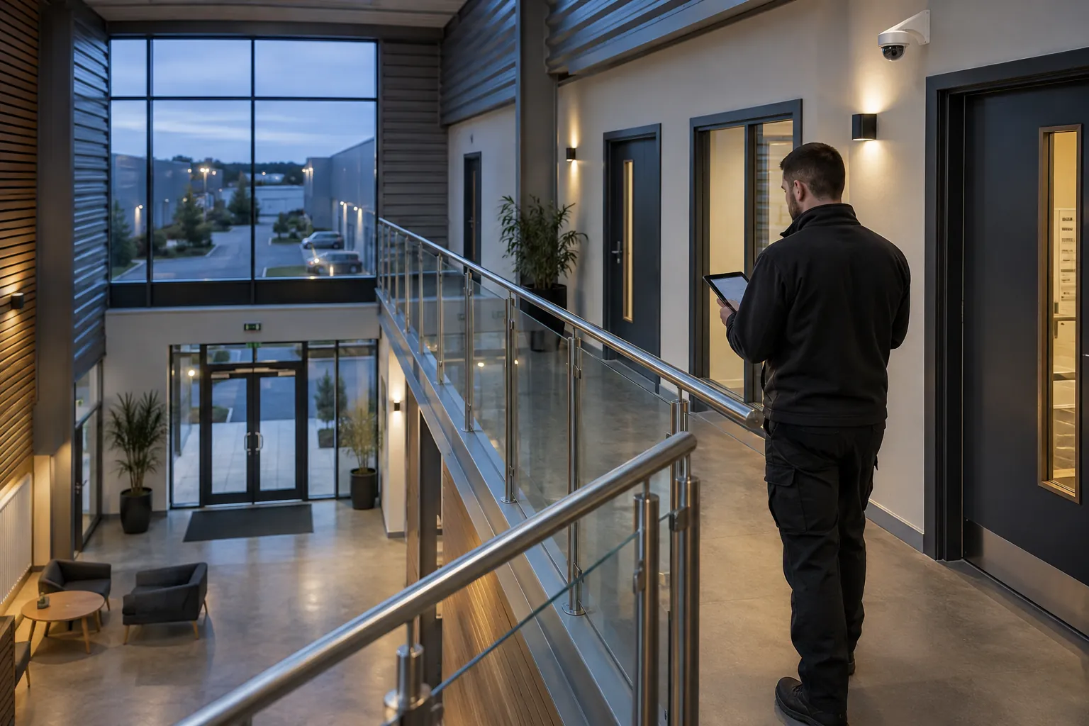 A technician surveying a commercial corridor with a wireless tablet in a commercial environment