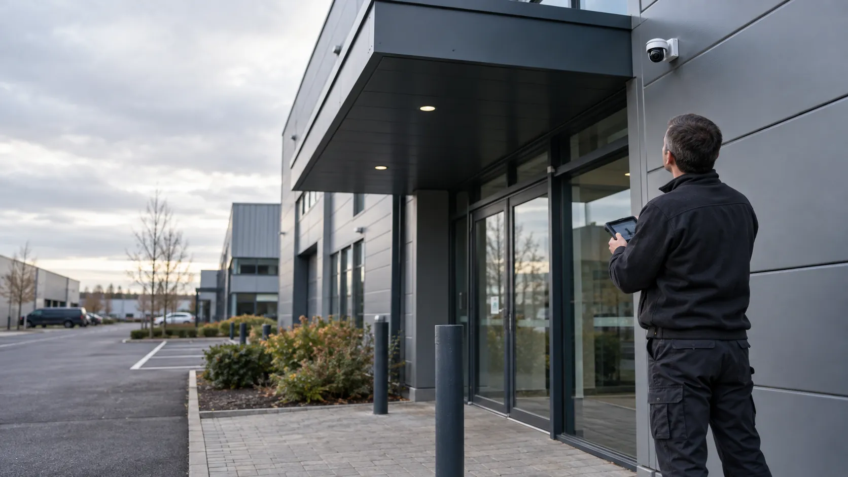 Engineer inspecting a realistically mounted compact security camera from floor level with a handheld test monitor in a low-rise industrial business park with grey zinc facade