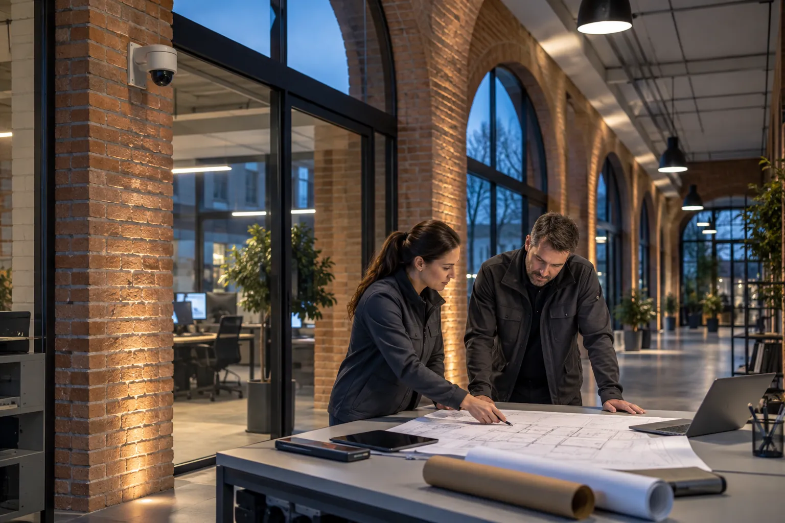 Two engineers reviewing an unlettered technical layout at a workbench in a commercial environment