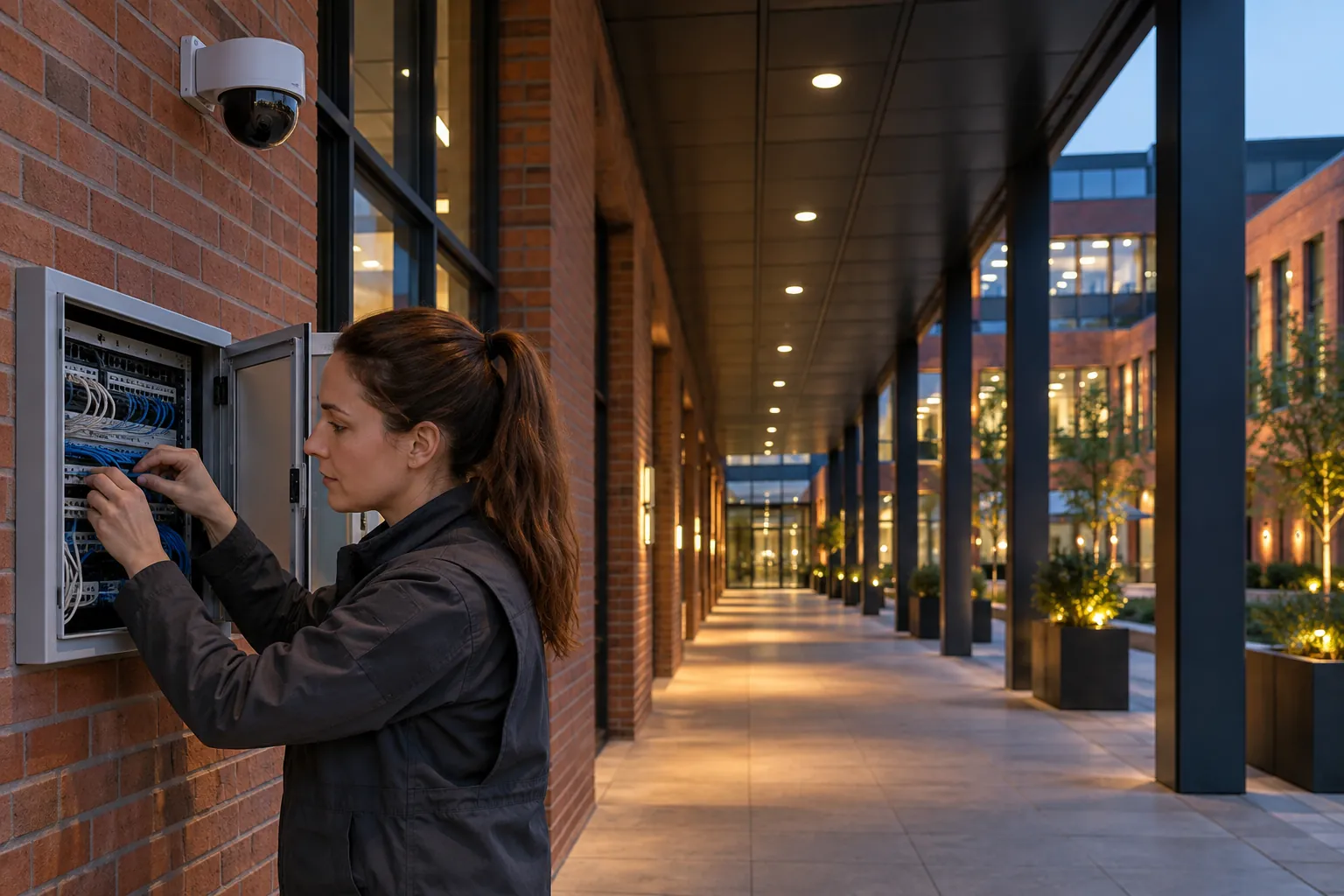A technician carefully checking a low-voltage network patch connection, natural fingers in a commercial environment