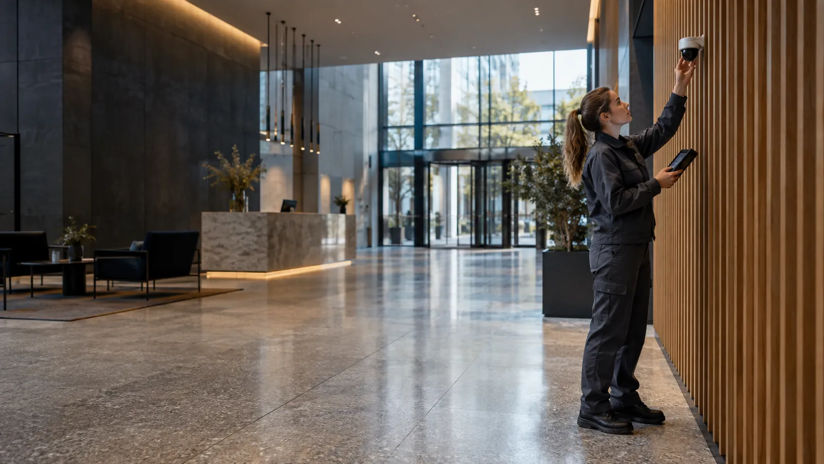 Engineer inspecting a realistically mounted compact security camera from floor level with a handheld test monitor in a commercial lobby with terrazzo and oak fins