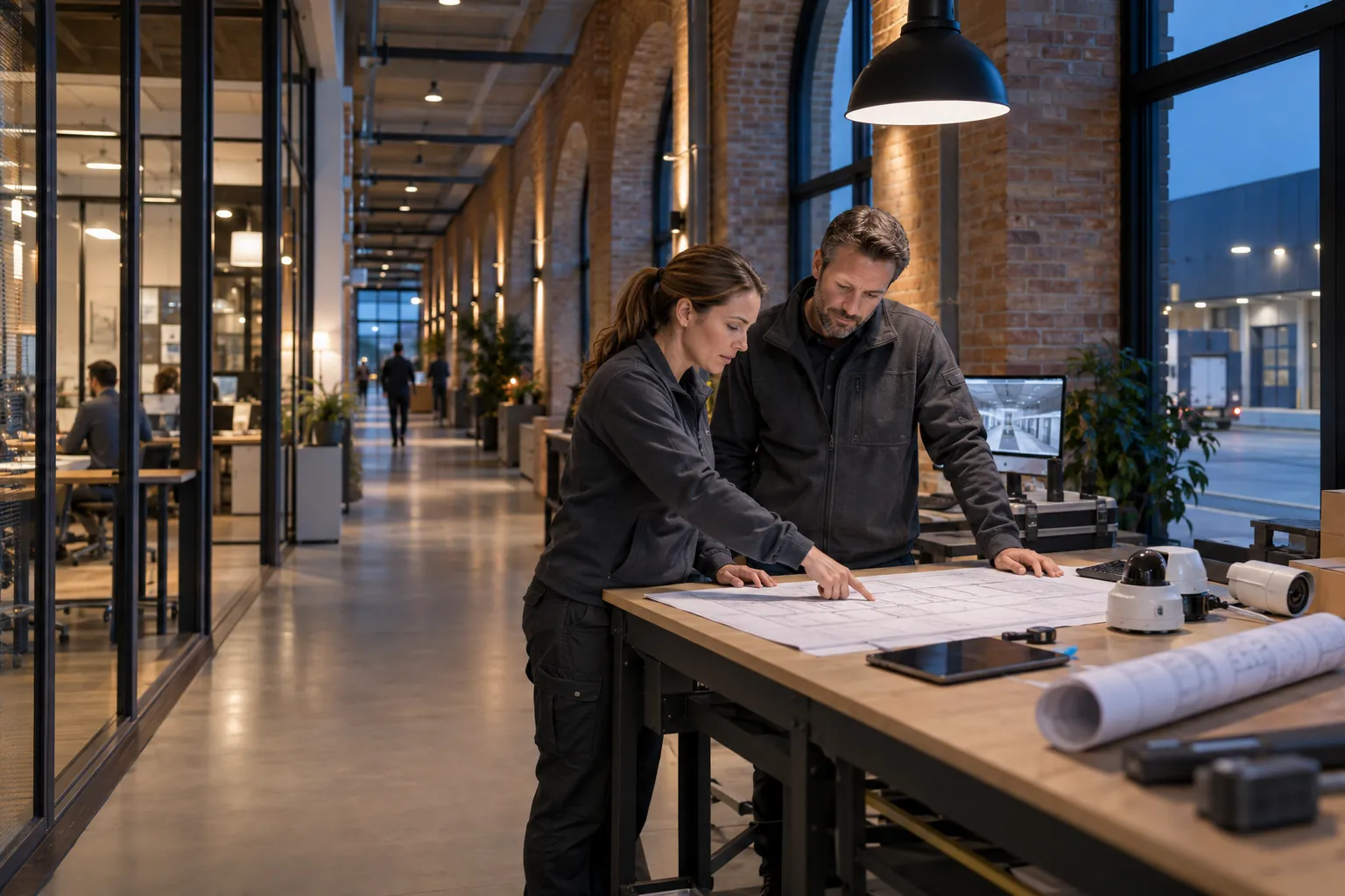 Two engineers reviewing an unlettered technical layout at a workbench in a commercial environment