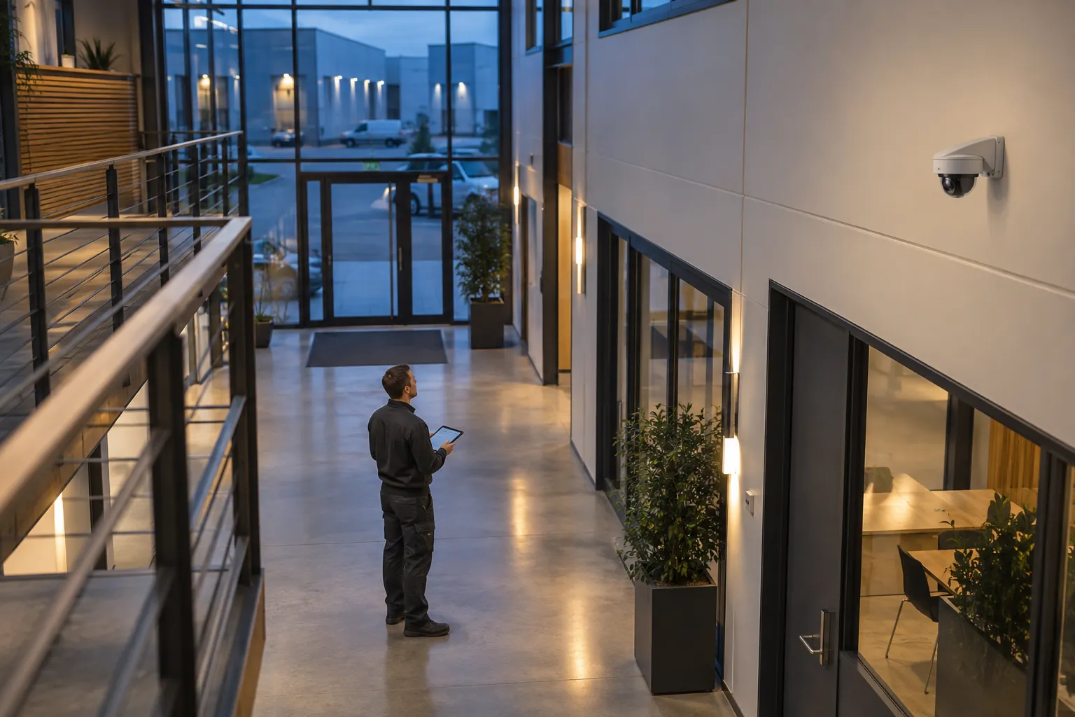 A technician surveying a commercial corridor with a wireless tablet in a commercial environment