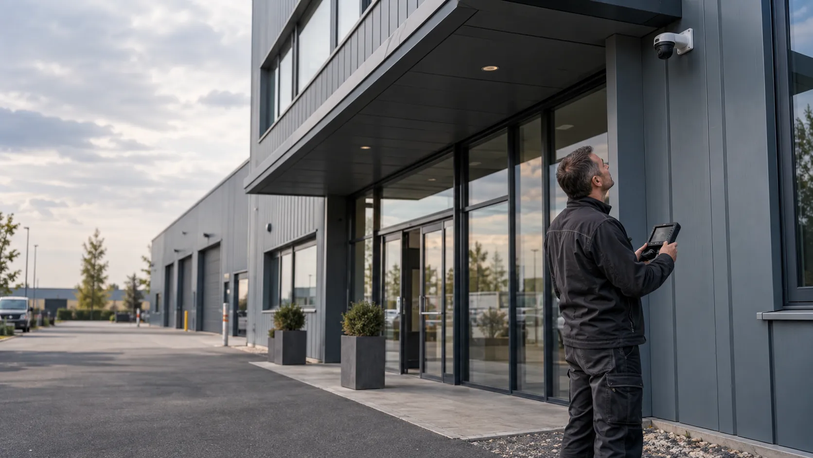 Engineer inspecting a realistically mounted compact security camera from floor level with a handheld test monitor in a low-rise industrial business park with grey zinc facade