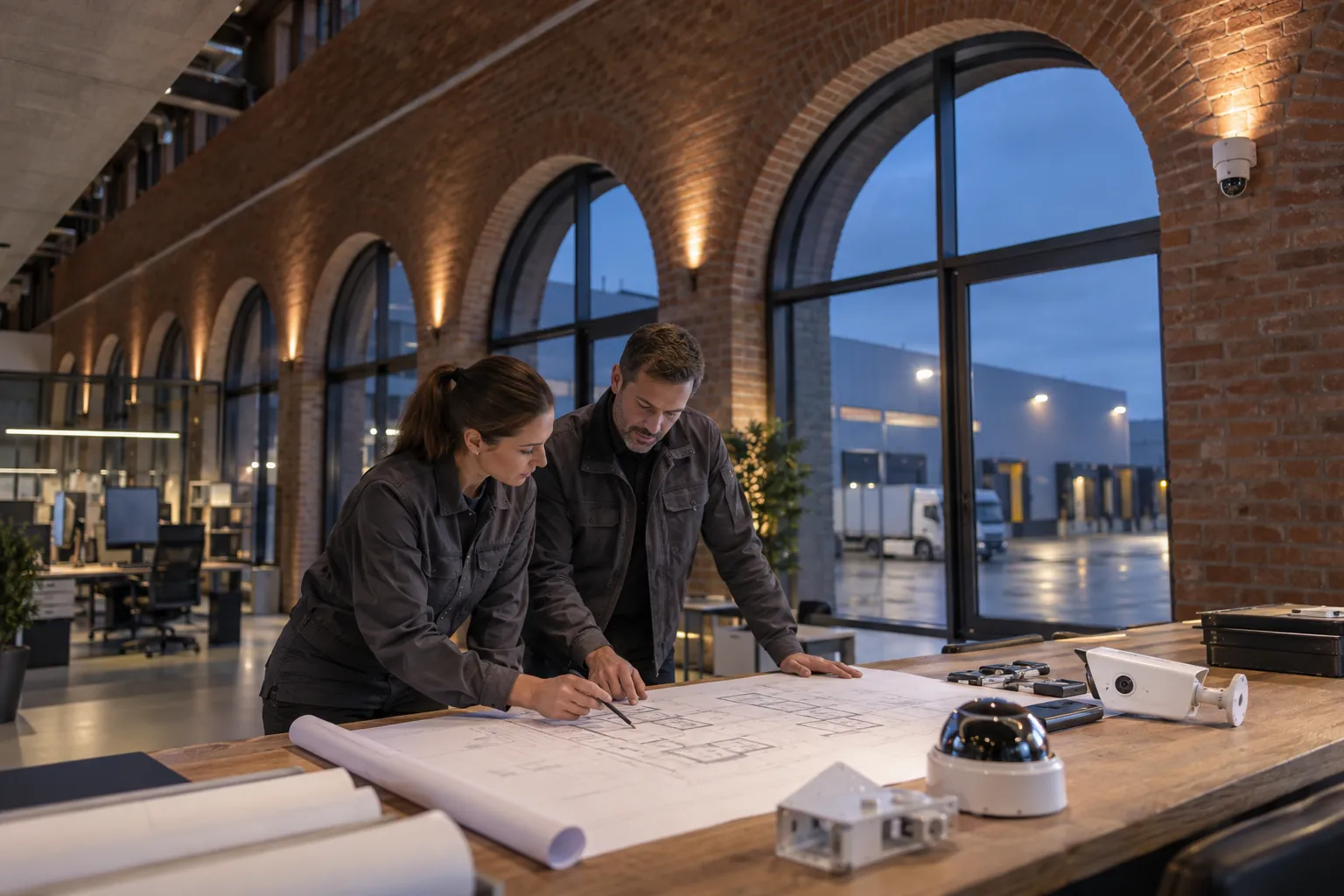Two engineers reviewing an unlettered technical layout at a workbench in a commercial environment