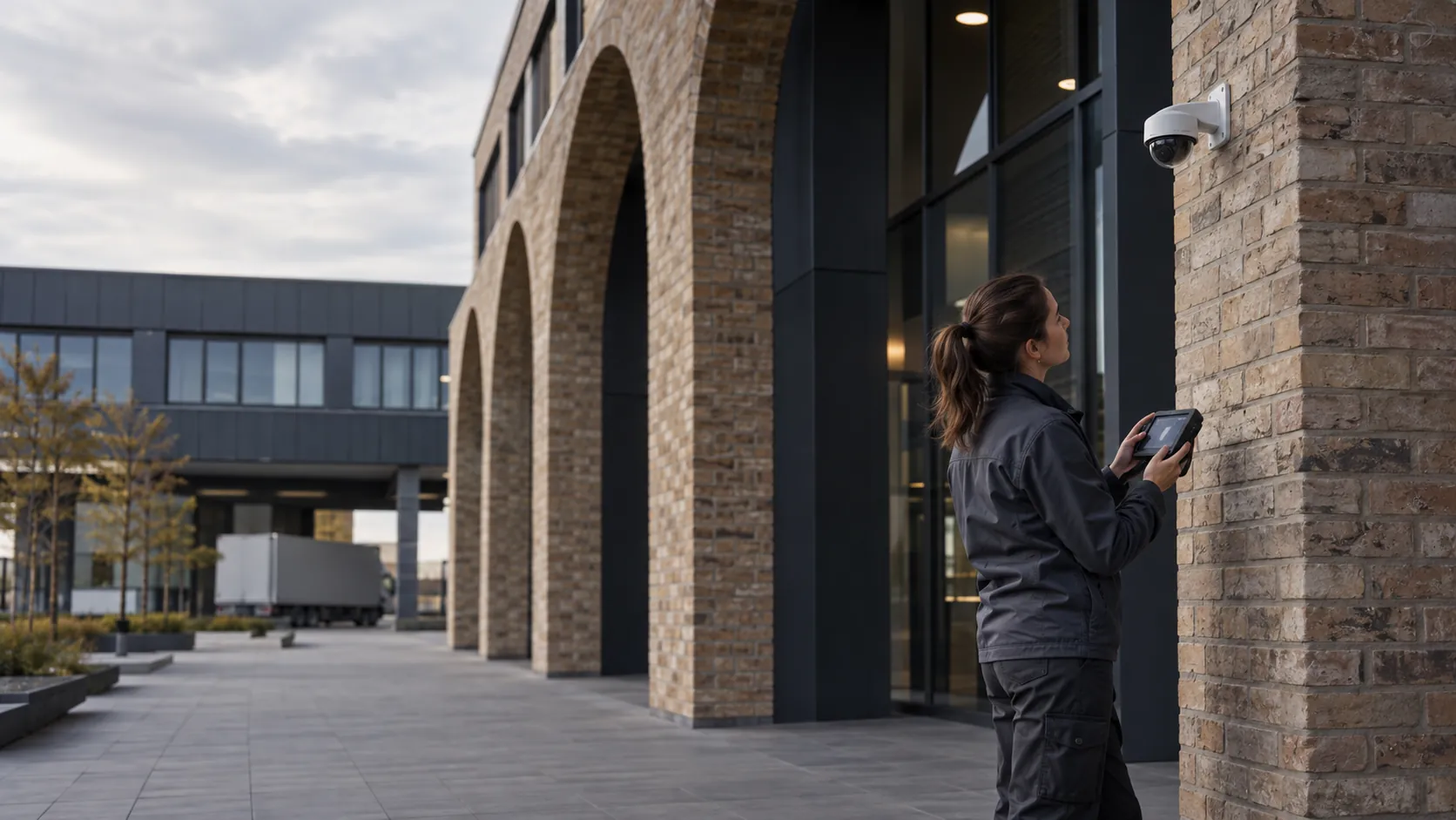 Engineer inspecting a realistically mounted compact security camera from floor level with a handheld test monitor in a modern logistics administration building with deep brick arches