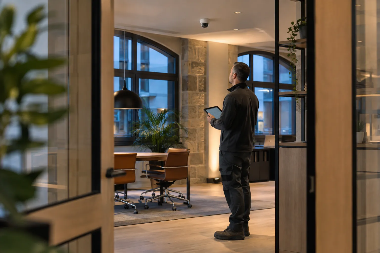An engineer examining the final device layout on a wireless tablet in a commercial environment
