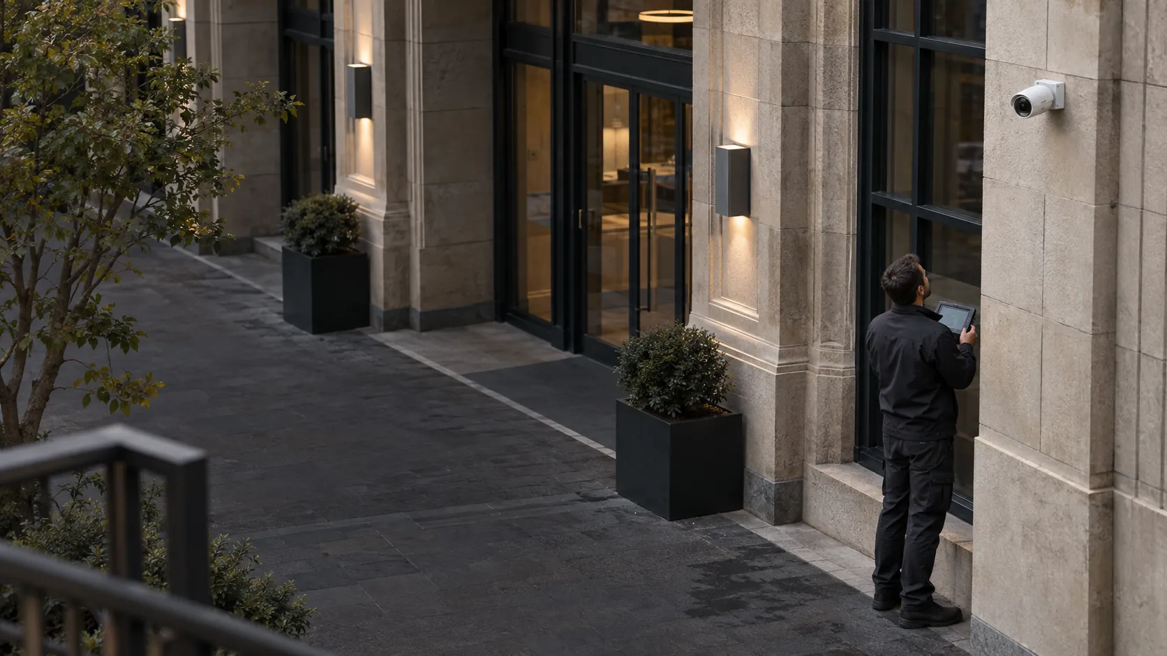 Engineer inspecting a realistically mounted compact security camera from floor level with a handheld test monitor in a converted European commercial building with stone reveals