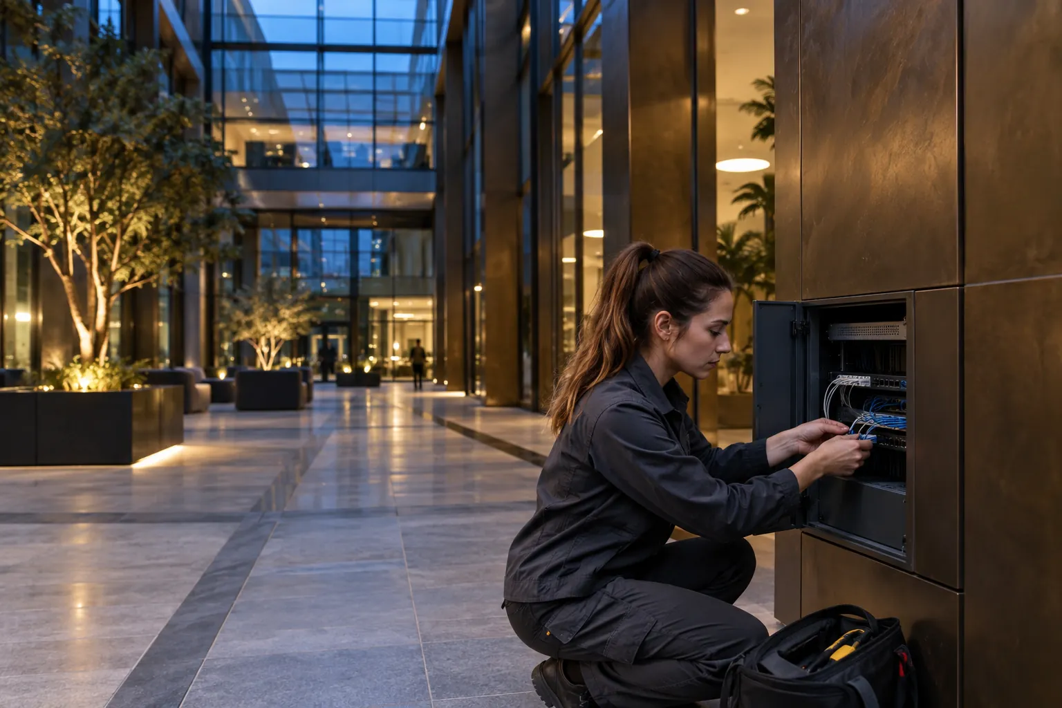 A technician carefully checking a low-voltage network patch connection, natural fingers in a commercial environment