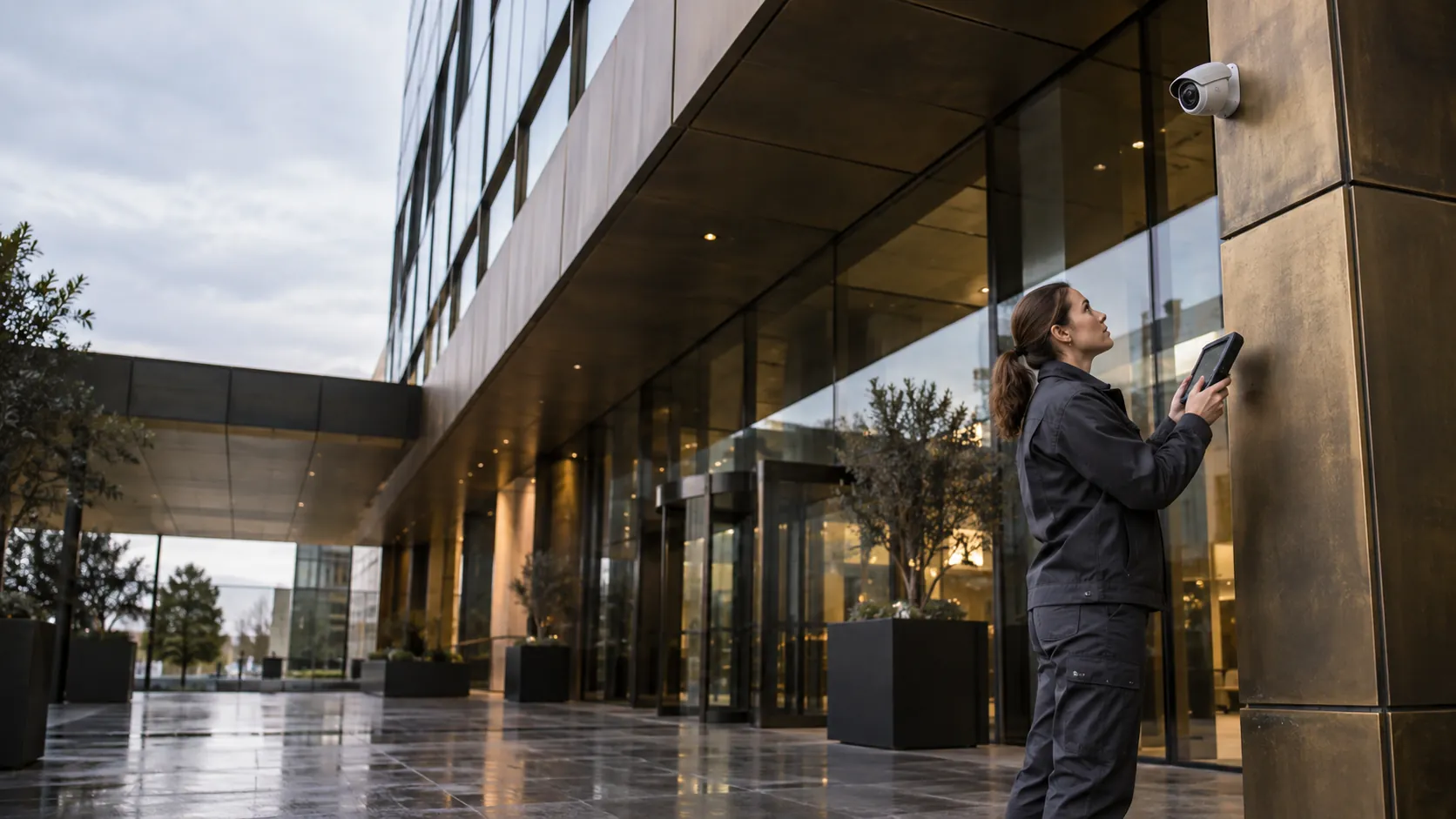 Engineer inspecting a realistically mounted compact security camera from floor level with a handheld test monitor in a glass and weathered bronze commercial atrium
