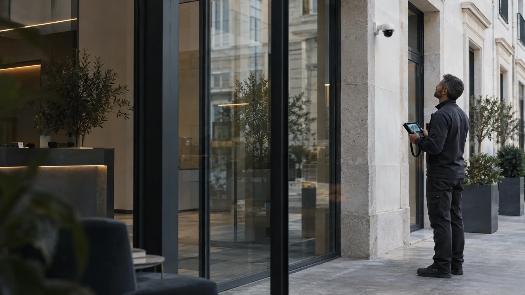 Engineer inspecting a realistically mounted compact security camera from floor level with a handheld test monitor in a converted European commercial building with stone reveals