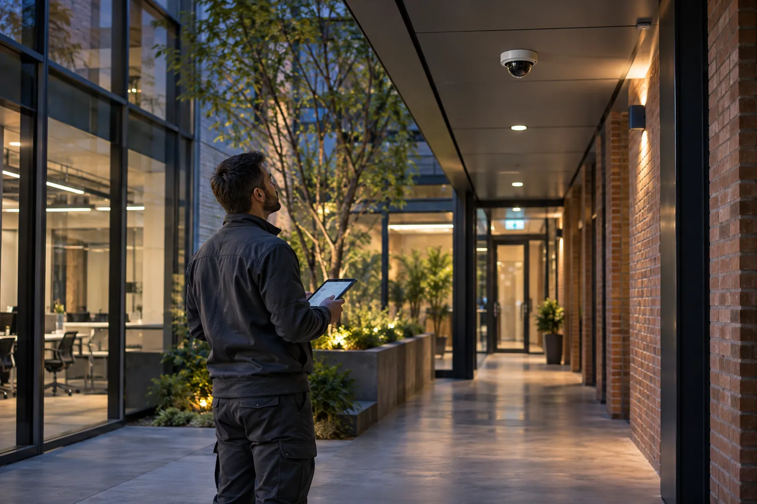 A technician surveying a commercial corridor with a wireless tablet in a commercial environment