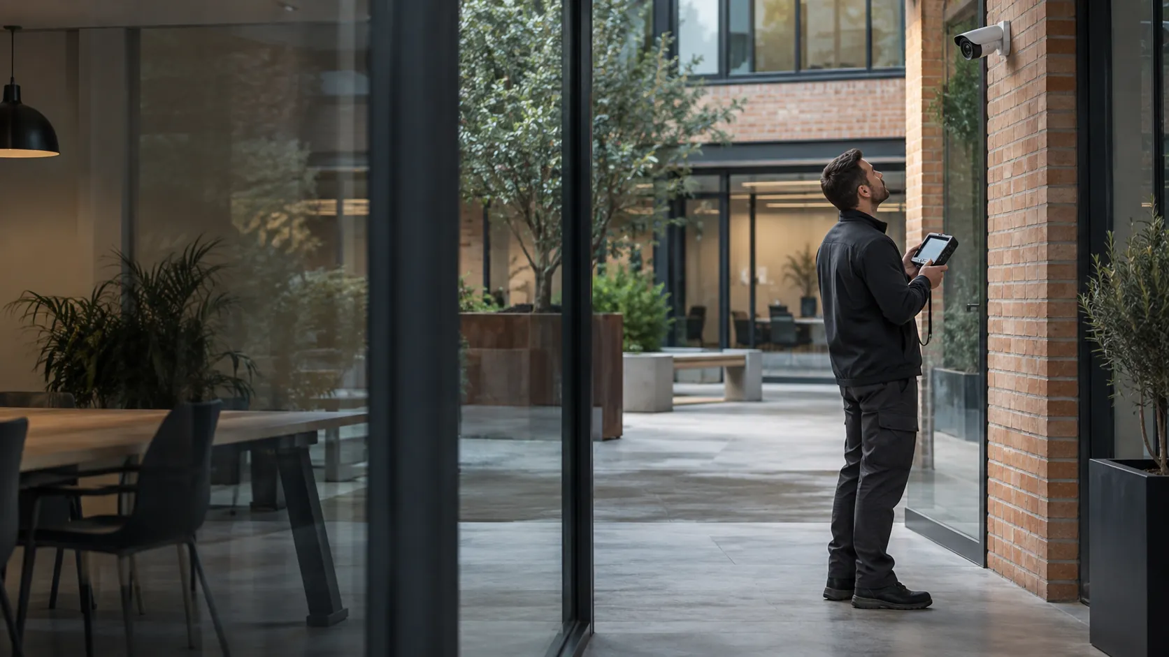 Engineer inspecting a realistically mounted compact security camera from floor level with a handheld test monitor in a light industrial office with warm brick and planted court