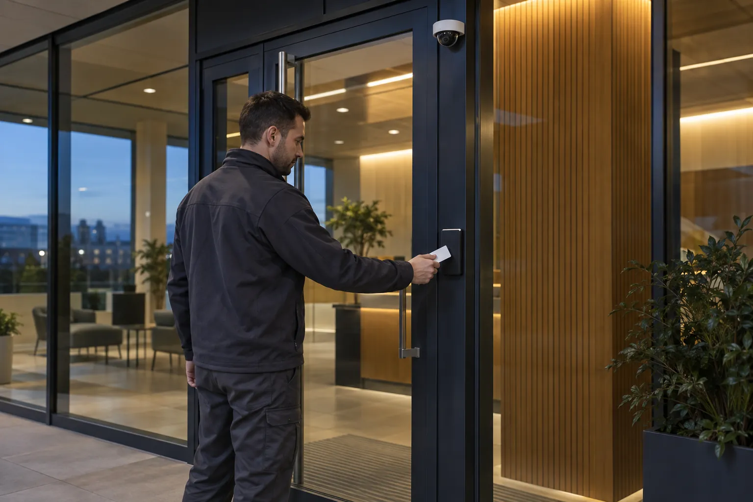 A facilities representative testing a controlled door with a plain access card in a commercial environment