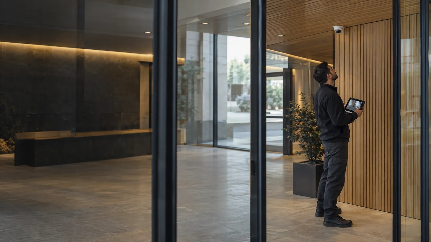 Engineer inspecting a realistically mounted compact security camera from floor level with a handheld test monitor in a contemporary timber-lined office entrance