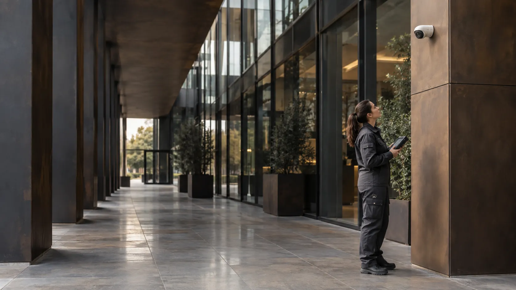 Engineer inspecting a realistically mounted compact security camera from floor level with a handheld test monitor in a glass and weathered bronze commercial atrium