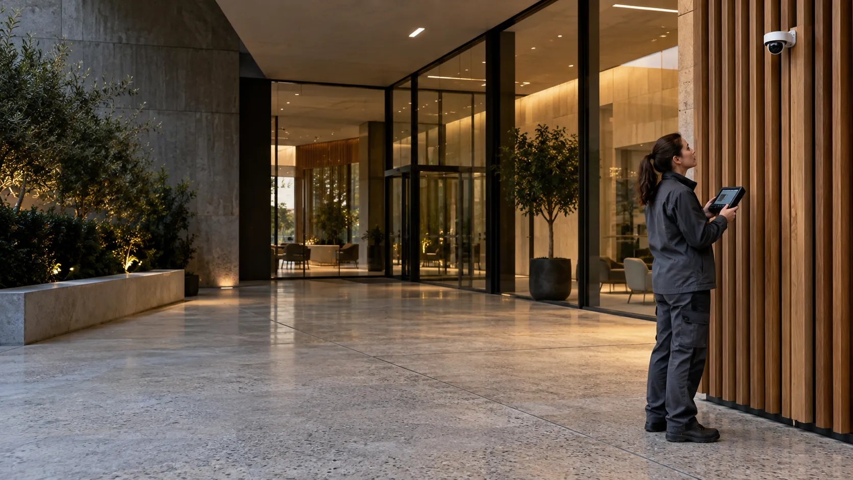 Engineer inspecting a realistically mounted compact security camera from floor level with a handheld test monitor in a commercial lobby with terrazzo and oak fins