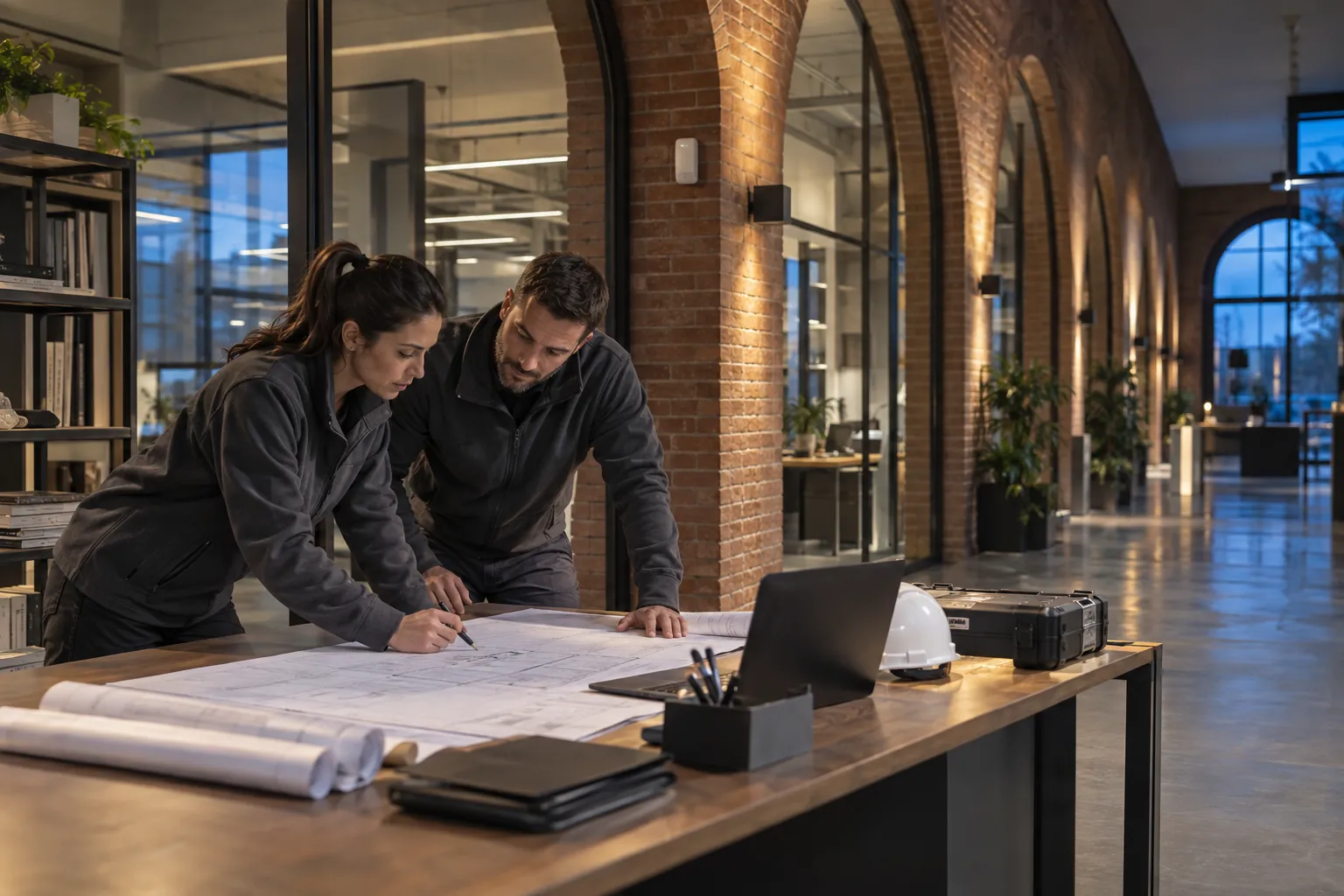 Two engineers reviewing an unlettered technical layout at a workbench in a commercial environment