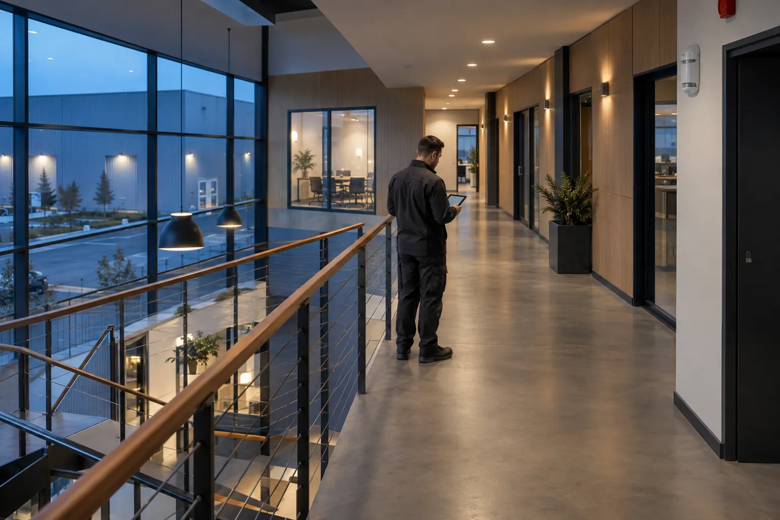 A technician surveying a commercial corridor with a wireless tablet in a commercial environment