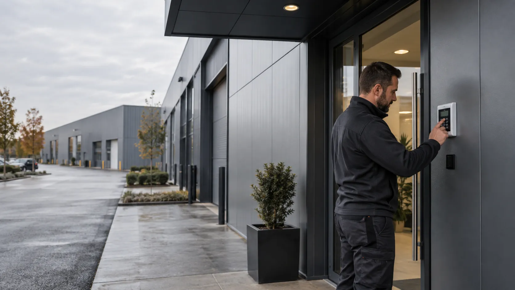Engineer testing an intruder-alarm keypad mounted beside a commercial staff doorway in a low-rise industrial business park with grey zinc facade