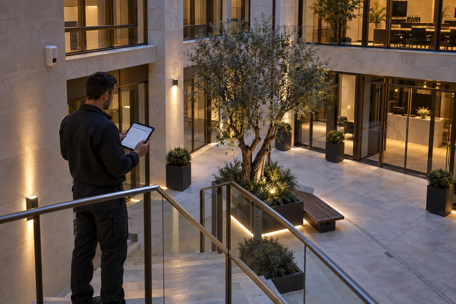 An engineer examining the final device layout on a wireless tablet in a commercial environment