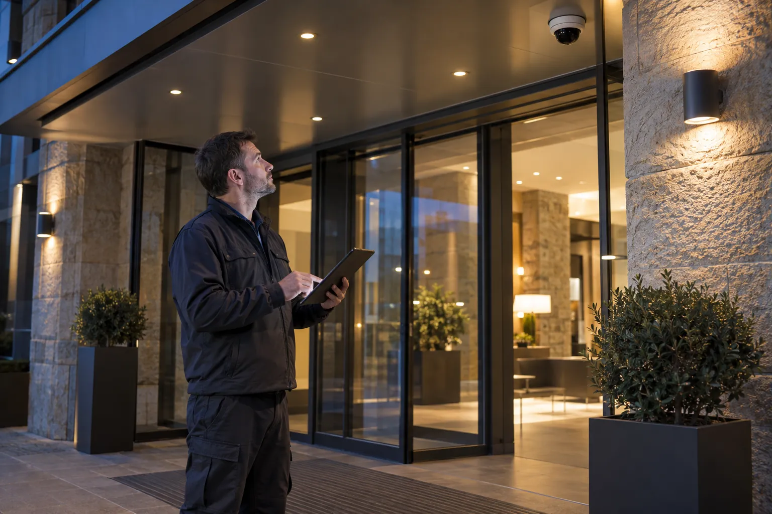 An engineer examining the final device layout on a wireless tablet in a commercial environment